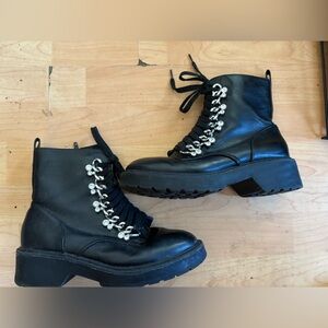 XOXO black Combat Boots With Silver Chain & Rhinestones Sz 7 Women Faux Leather